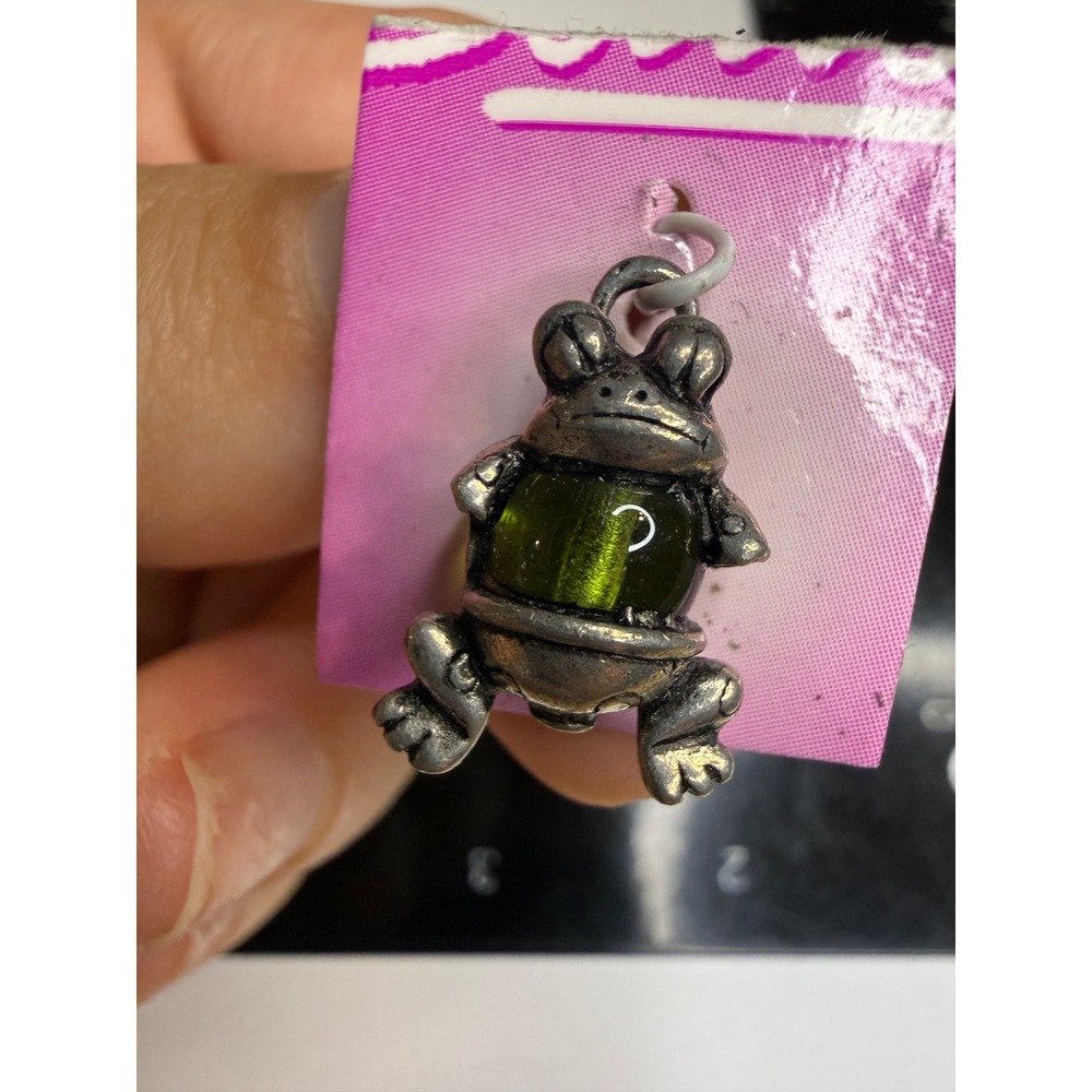 Frog Charm Silver Tone Green Cats Eye Glass Bead Animal Pendant Cottagecore